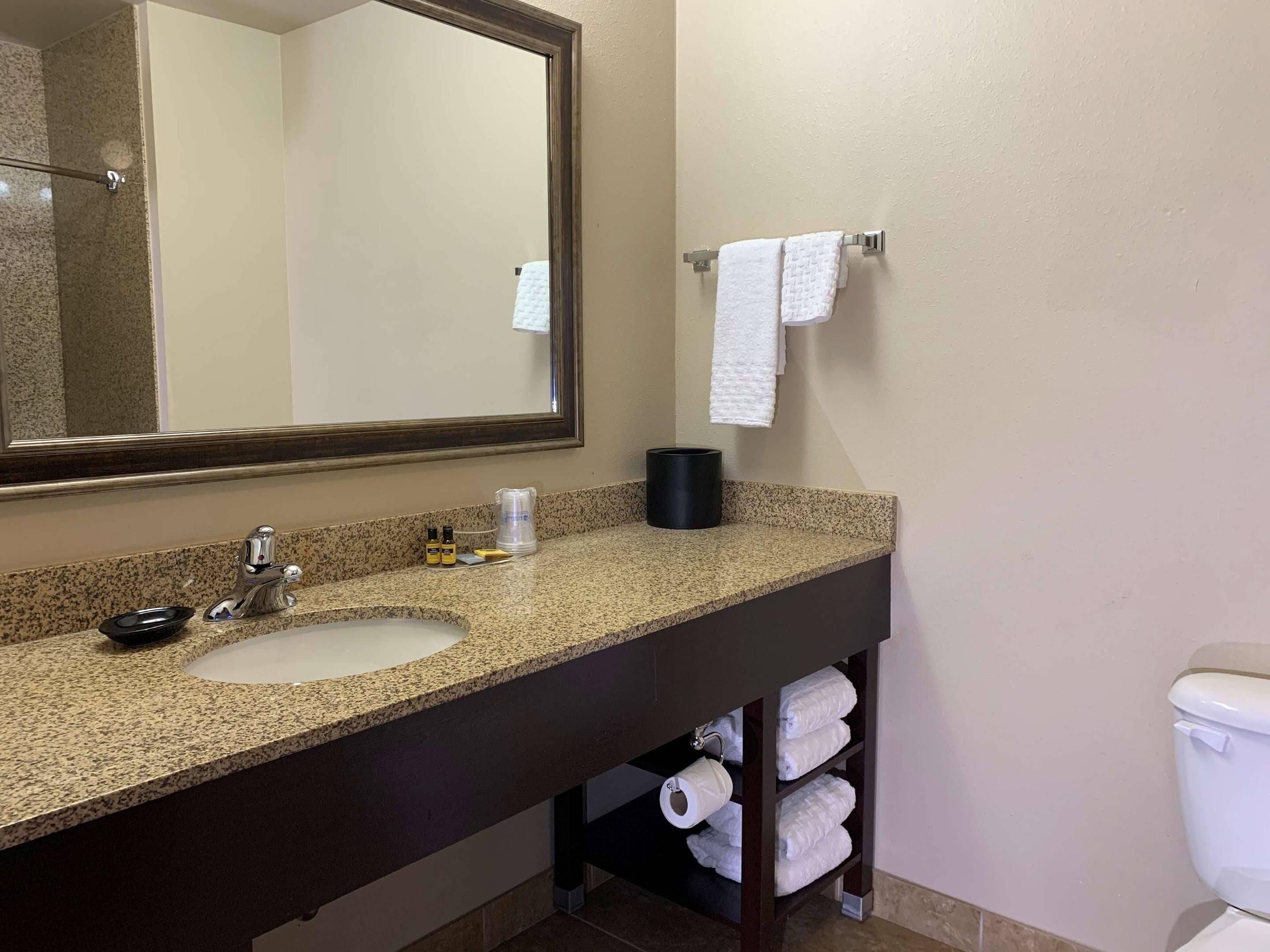 A bathroom with a granite countertop sink, a mirror, a towel rack, and a toilet.