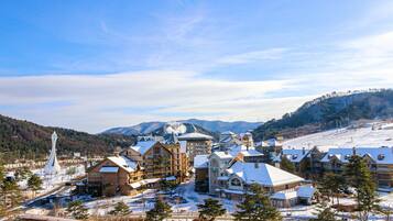 A resort with multiple buildings, including a lodge and a hotel with a ski slope in the background.