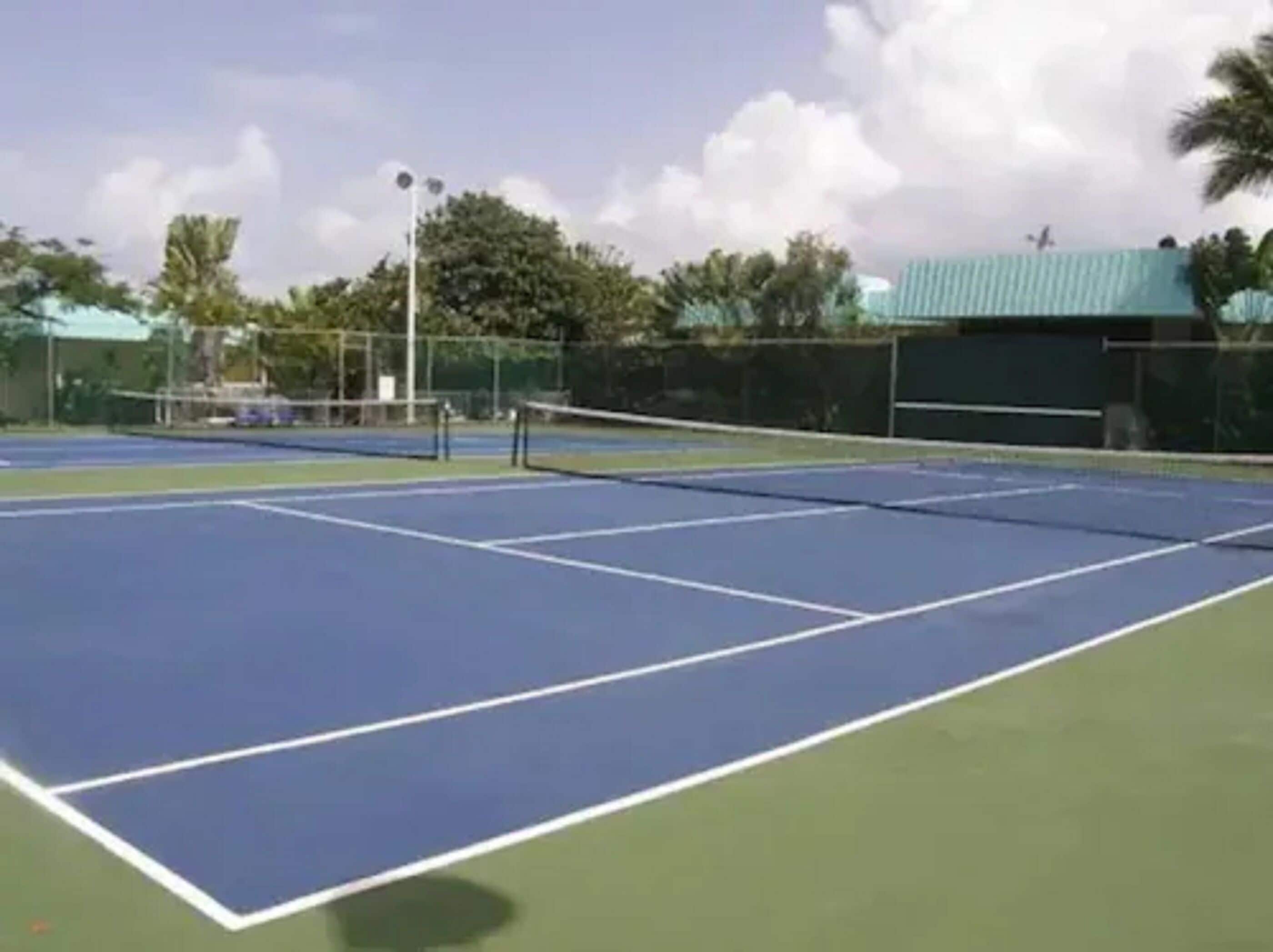 A tennis court with a net, surrounded by a fence and trees.