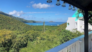 Une vue depuis un balcon orné de cloches suspendues, donnant sur un paysage verdoyant et luxuriant, une étendue d’eau et un bâtiment blanc surmonté d’un toit bleu.