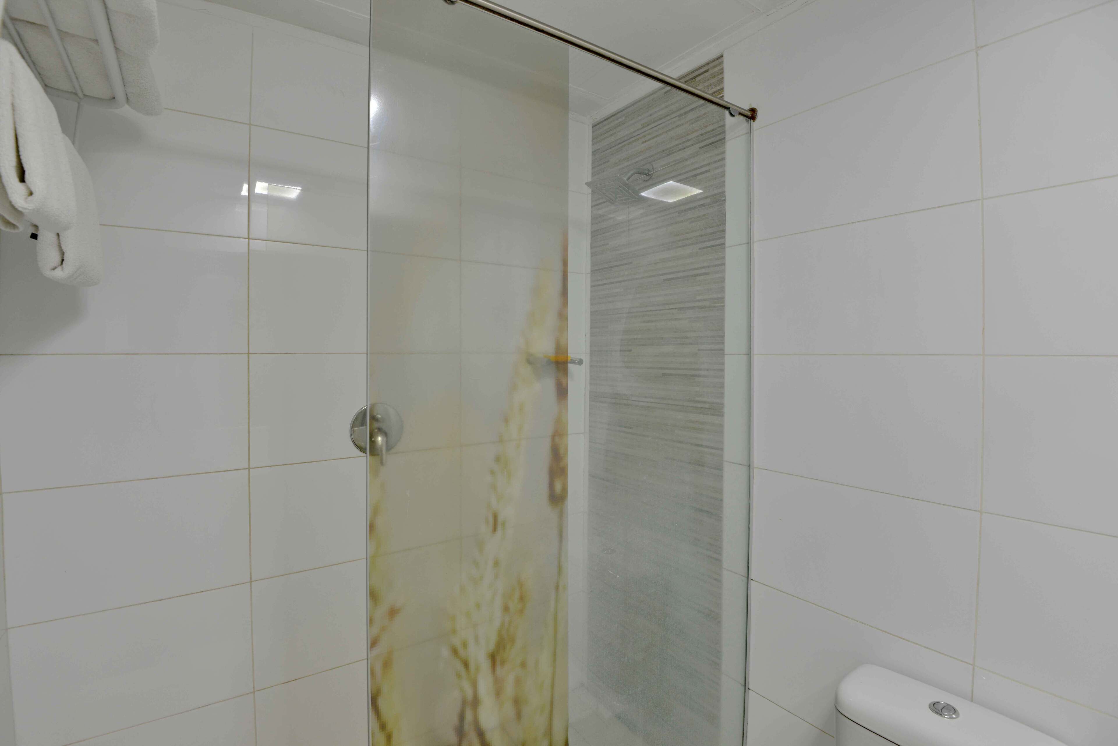 Ducha con puerta de vidrio, paredes de azulejos blancos y un inodoro a la derecha.