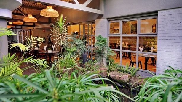 Un comedor interior con mesas y sillas, rodeado de plantas variadas y una estructura de techo de madera.