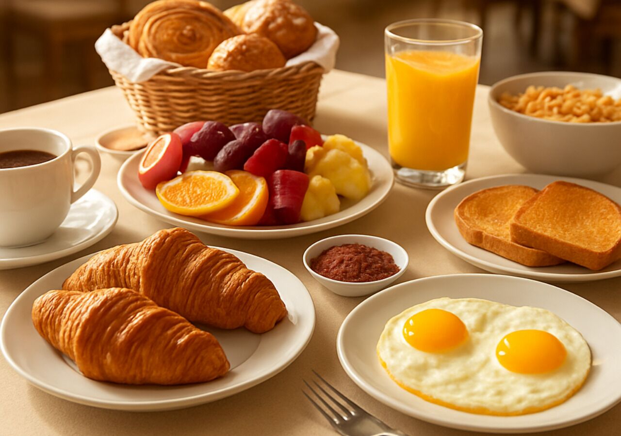 A breakfast setting with croissants, eggs, fruits, juice, and bread.
