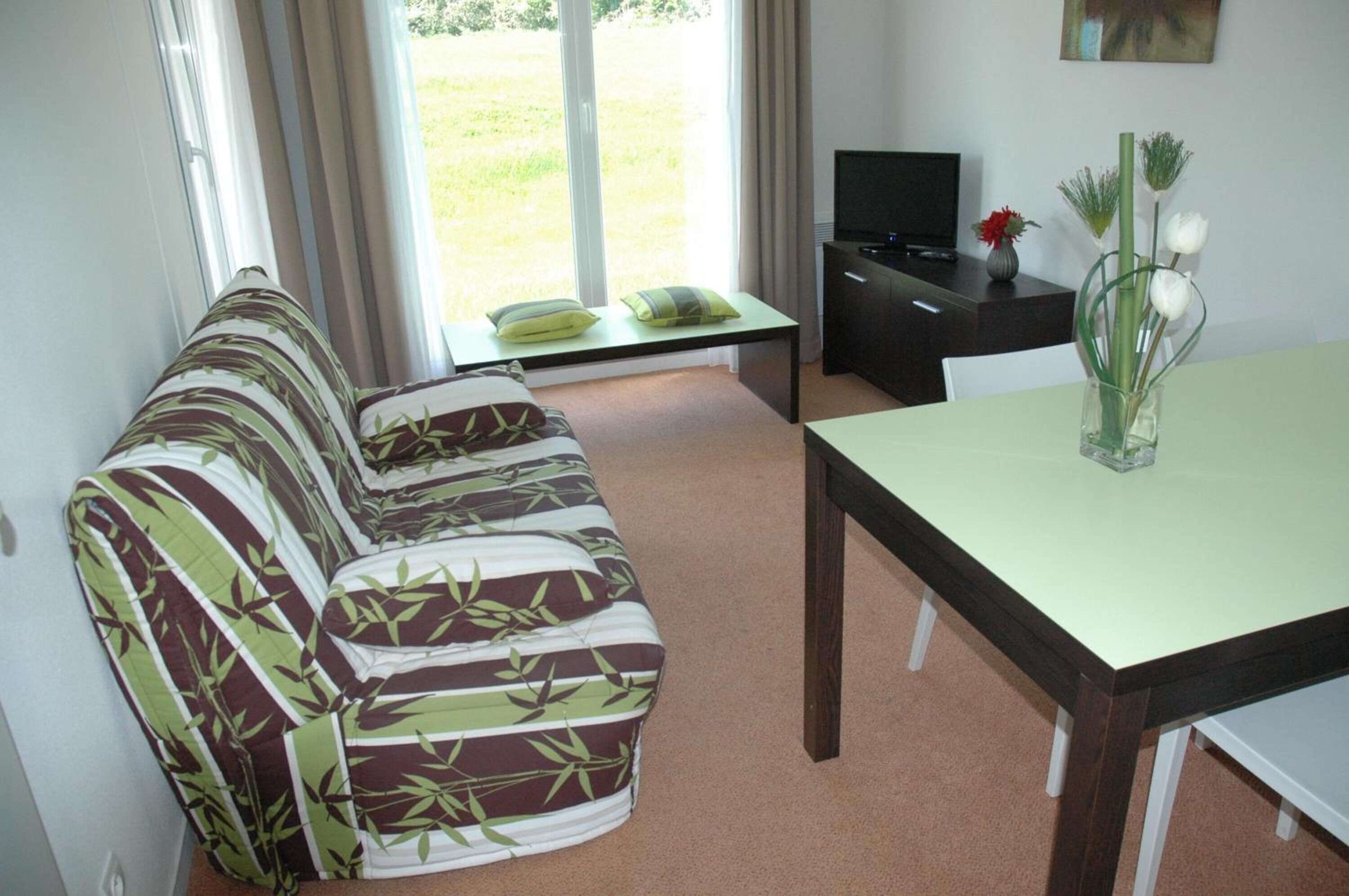 A living room with a sofa, a dining table, a TV, and a vase with flowers.
