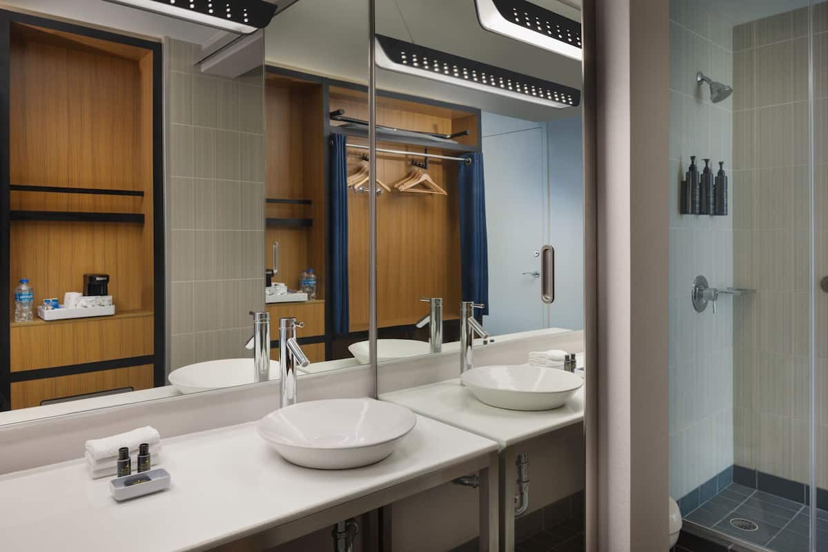 shower, designer toiletries, hair dryer, towels