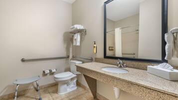 A bathroom with a toilet, sink, mirror, and handrails.