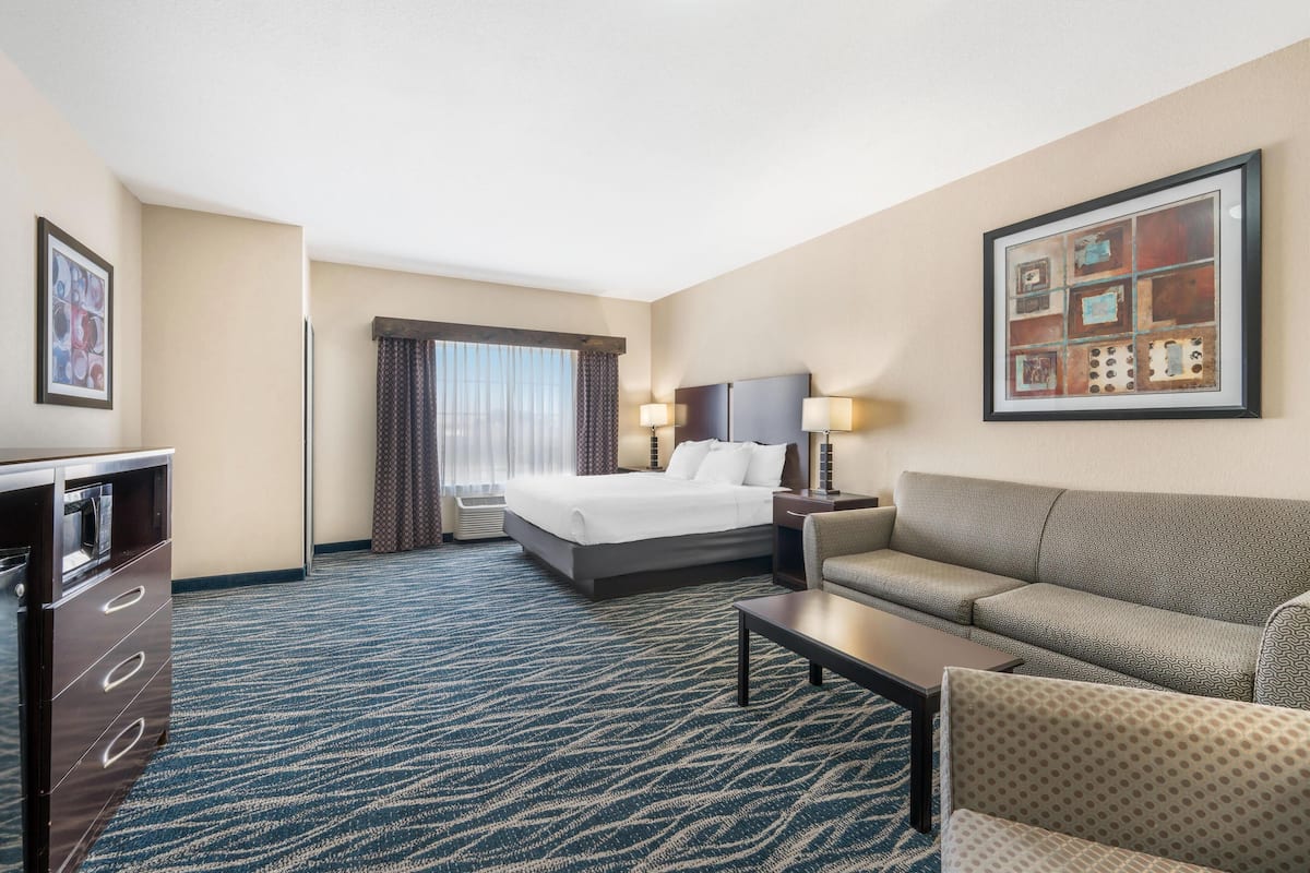 A hotel room with a bed, a sofa, a desk, and a dresser.