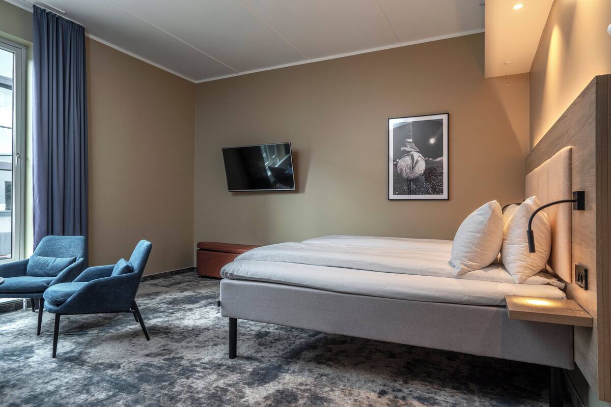 A hotel room with a bed, a TV, a chair, and a picture on the wall.