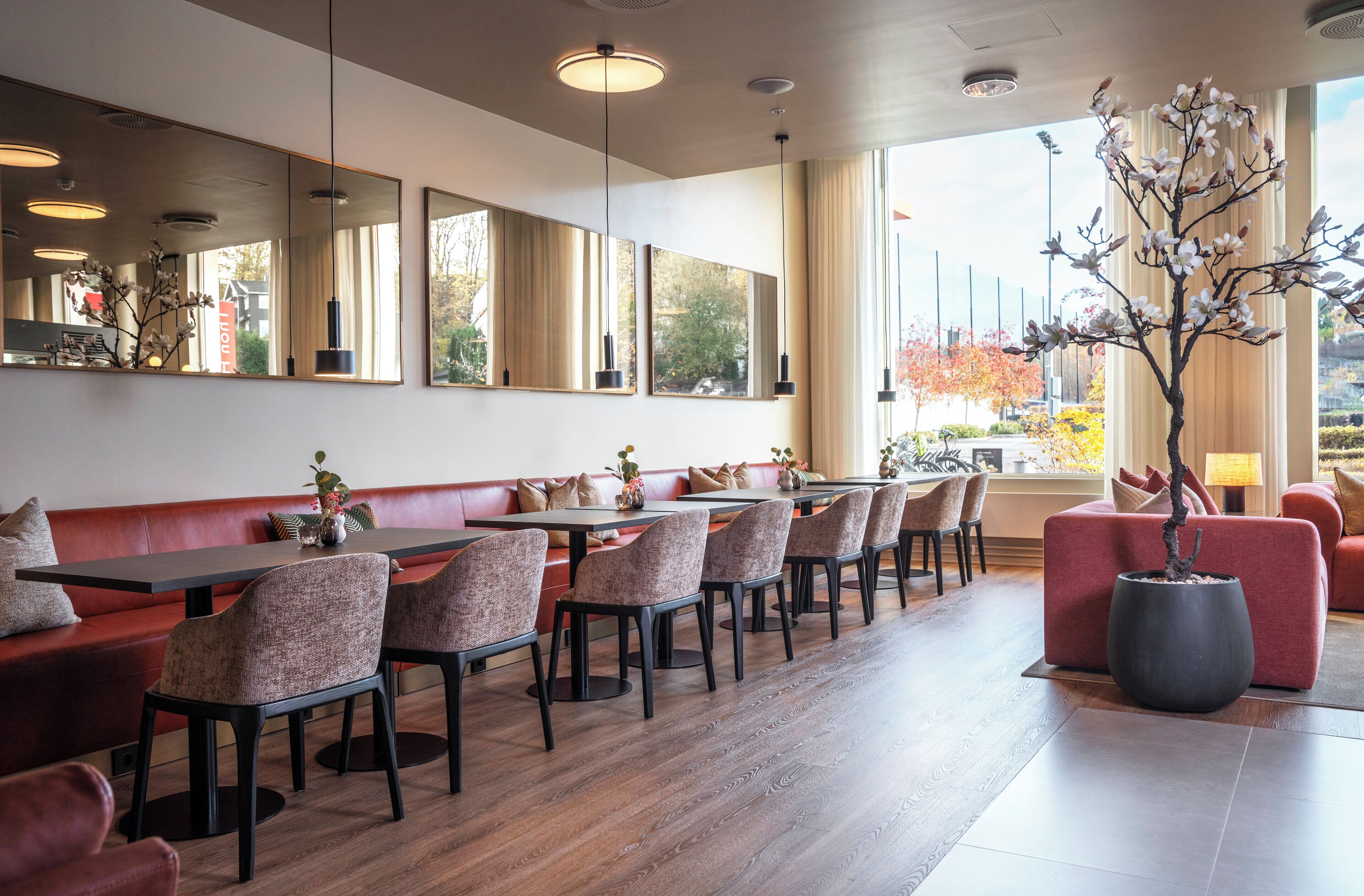 Un restaurant moderne avec un long comptoir, de nombreuses tables et des chaises. On y trouve un canapé rouge et une grande plante en pot dans un coin.