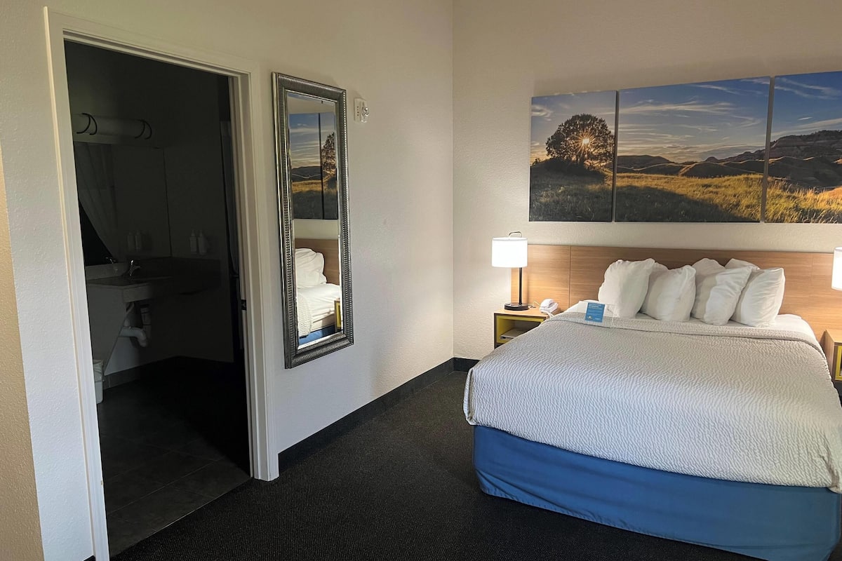 A hotel room with a bed, a nightstand with a lamp, a large mirror, and a painting on the wall.