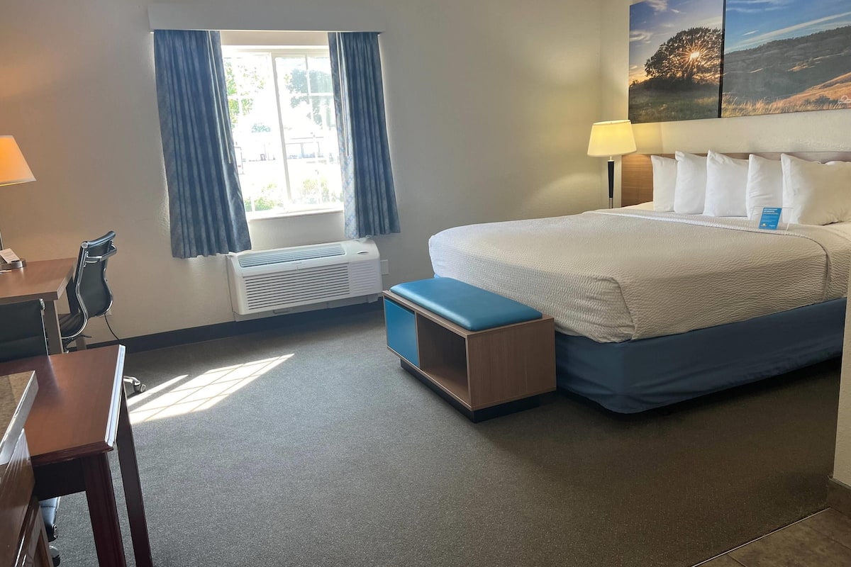 A hotel room with a bed, a desk, a chair, a window with curtains, an air conditioner, and a painting on the wall.