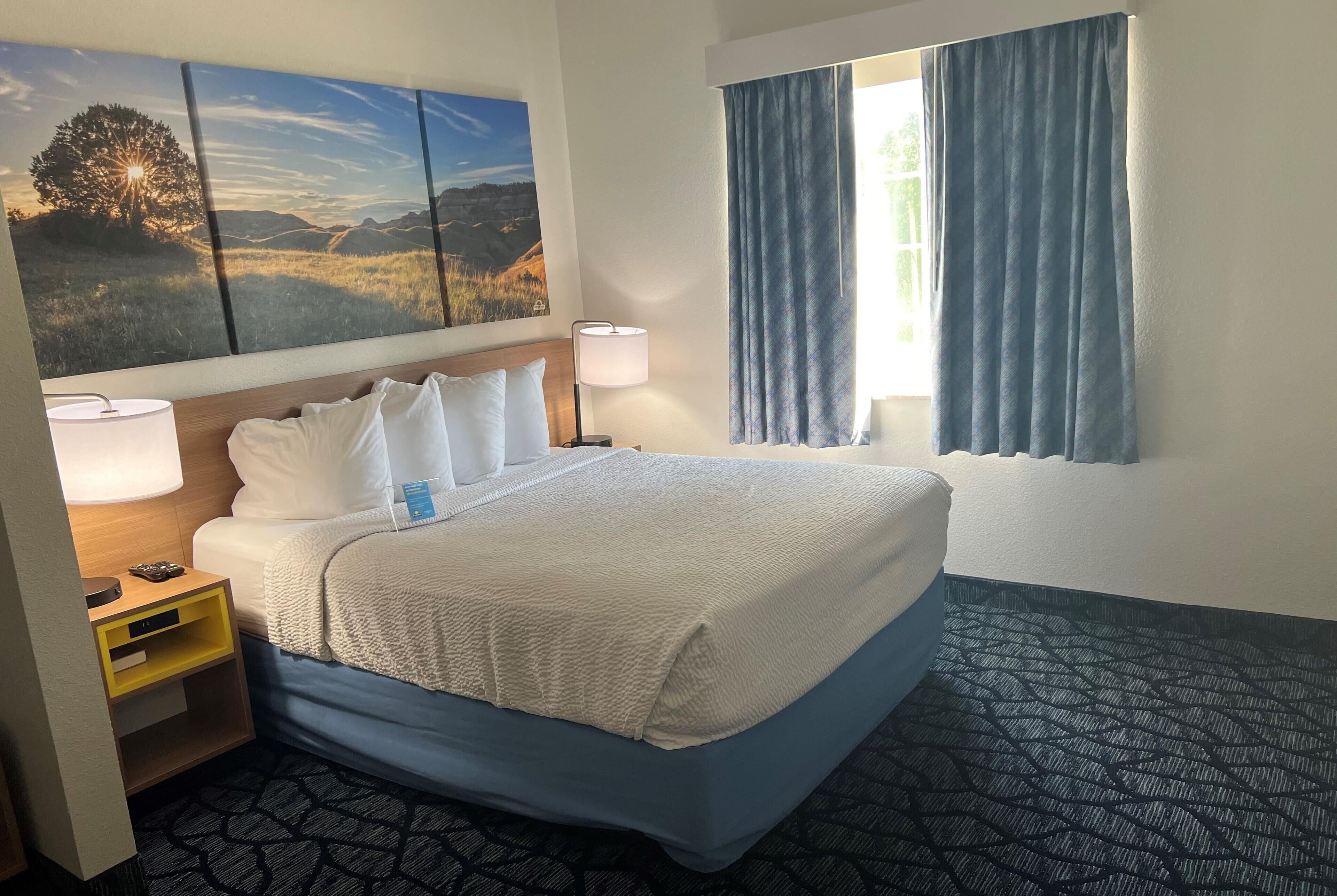 Habitación de hotel con una cama grande, una mesita de noche con lámpara, un cuadro colgado en la pared y una ventana con cortinas.