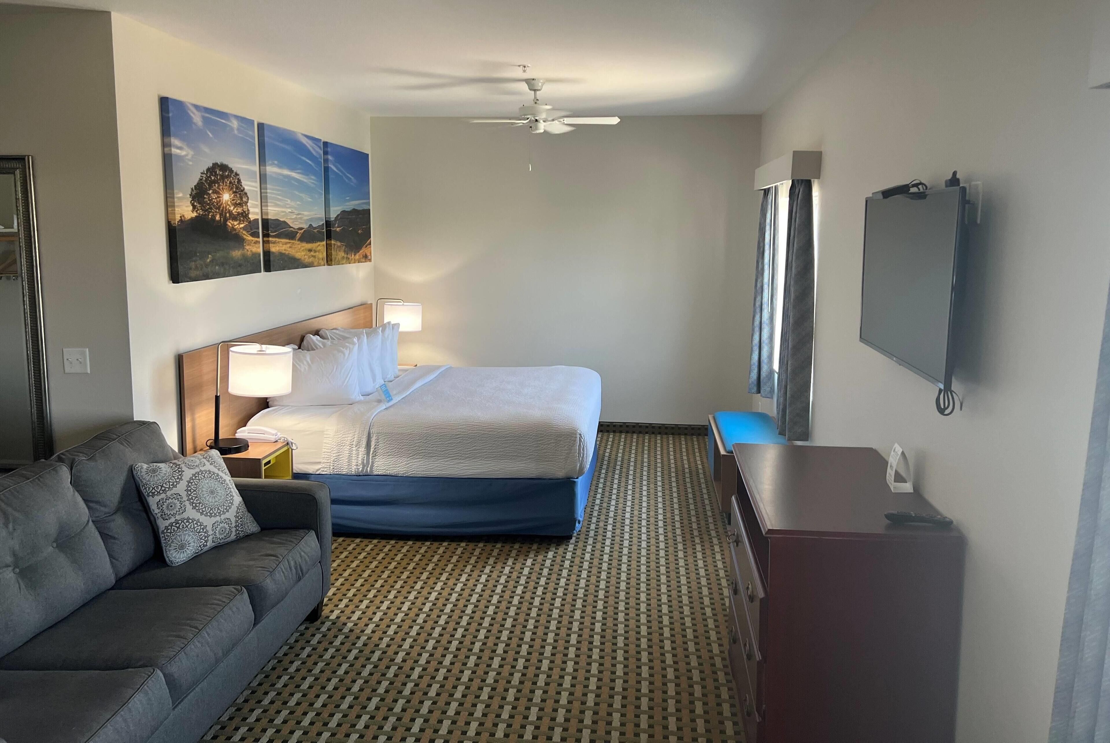 A hotel room with a bed, a sofa, a TV, and a ceiling fan.