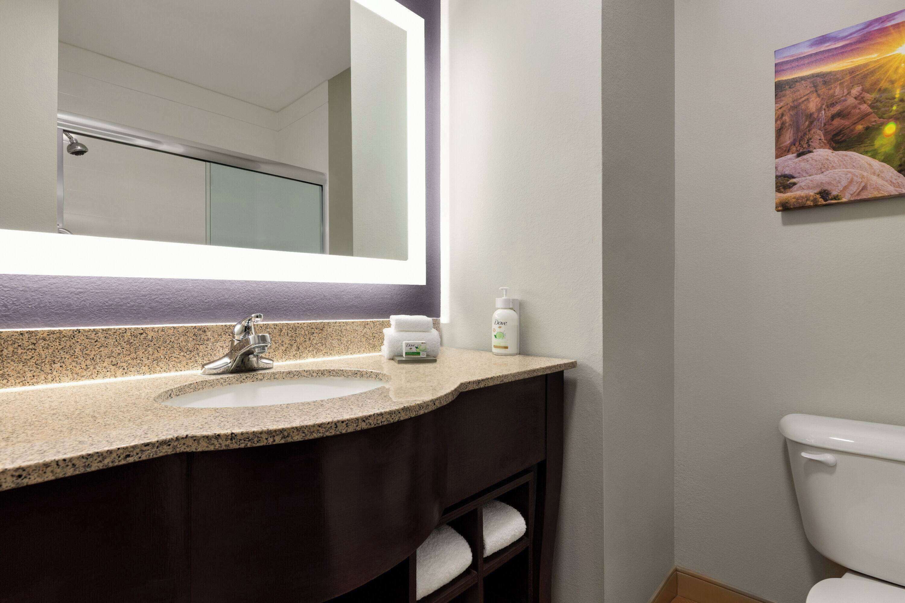 combined shower/bathtub, free toiletries, hair dryer, towels