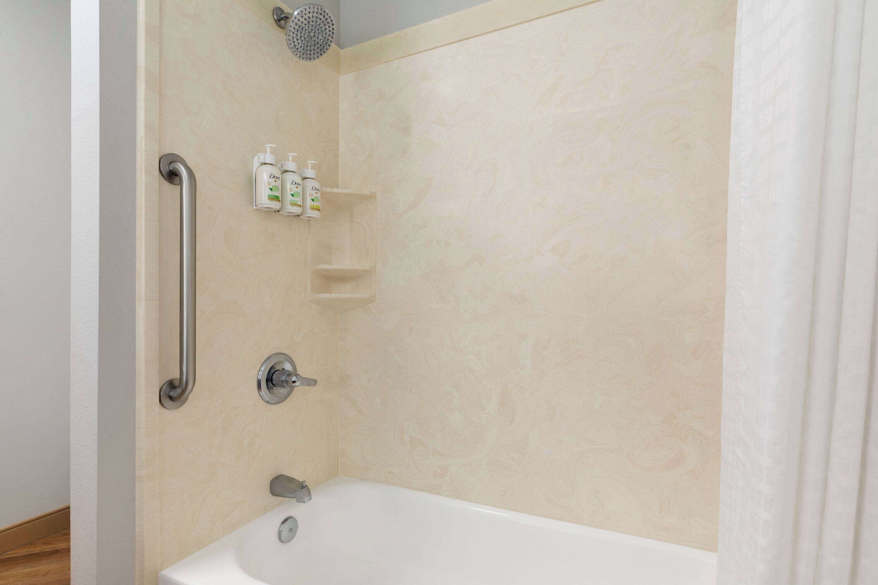 combined shower/bathtub, free toiletries, hair dryer, towels