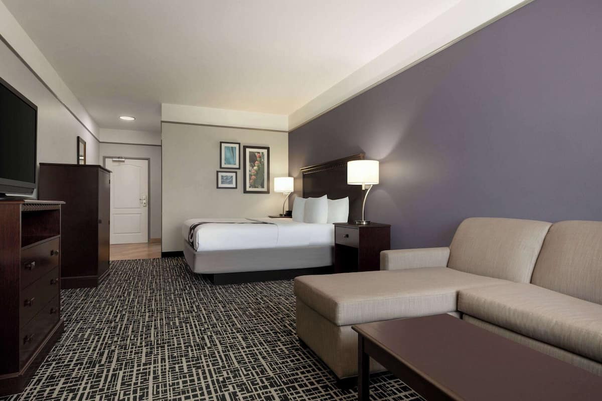 A hotel room with a bed, a sofa, a TV, a desk with a lamp, and a patterned carpet.