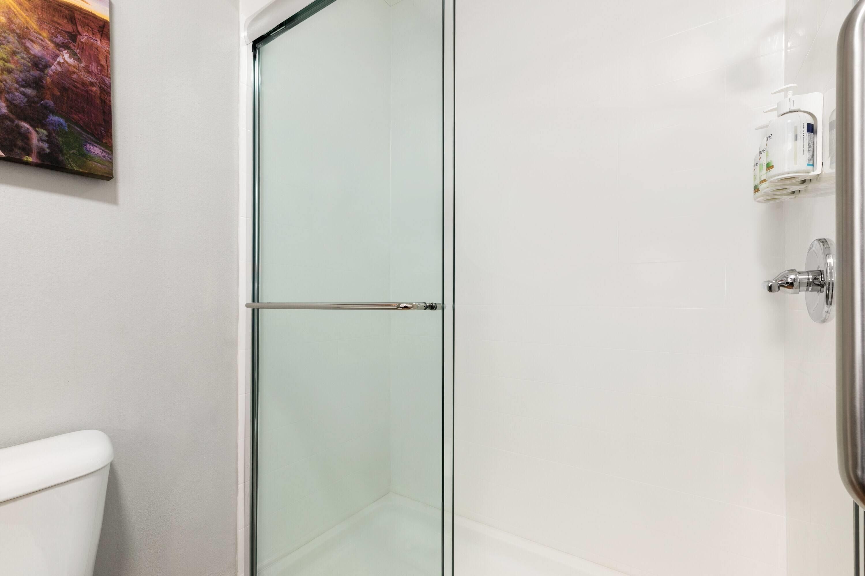 combined shower/bathtub, free toiletries, hair dryer, towels