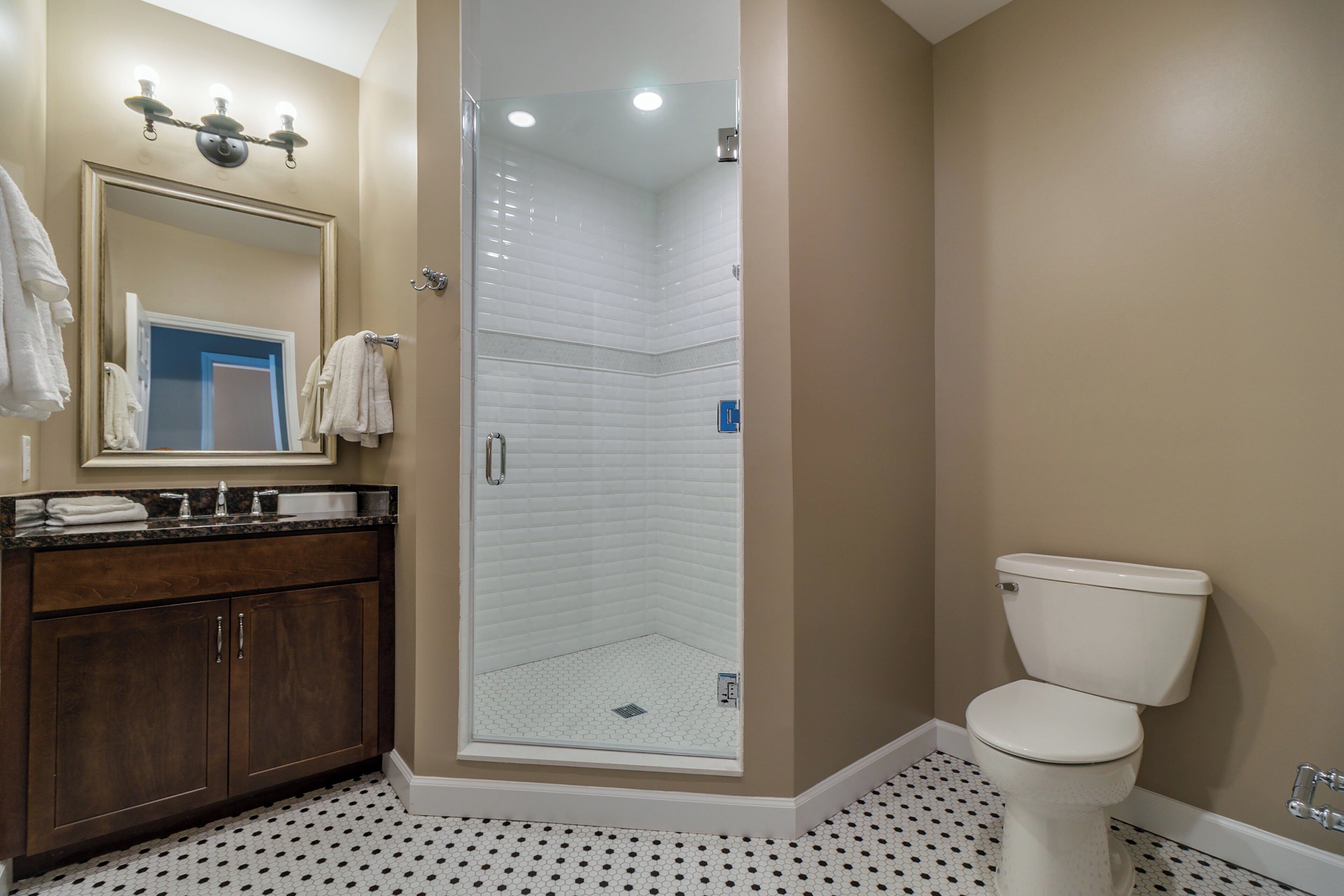 A bathroom with a glass-enclosed shower, a toilet, and a vanity with a mirror and towel rack.
