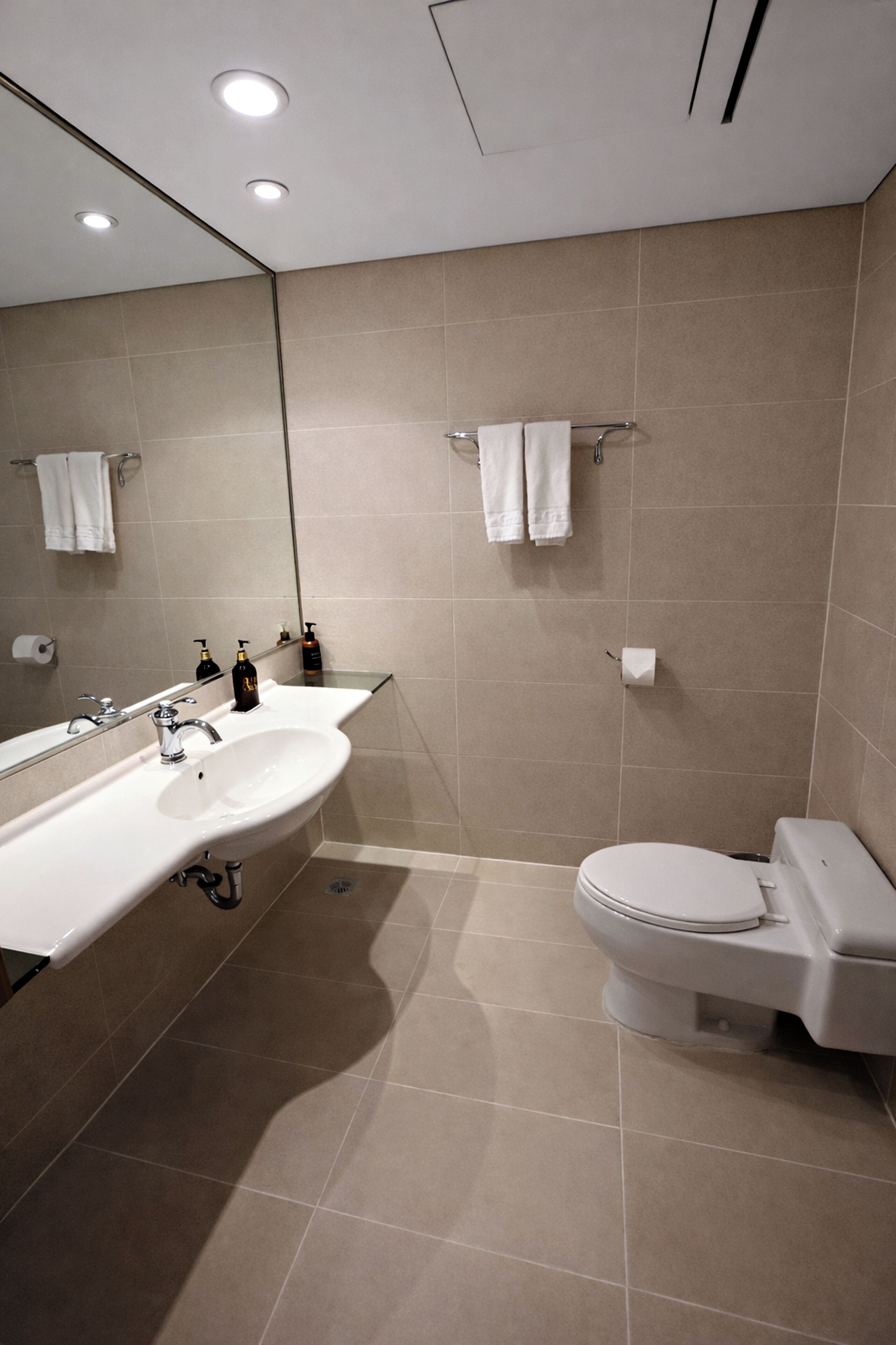 A modern bathroom with a large sink, mirror, and toilet.