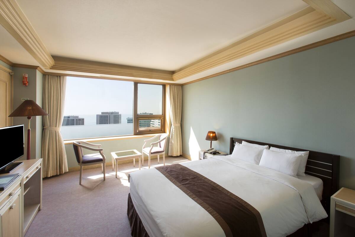 A hotel room with a bed, a desk, a chair, a TV, and a window with a city view.