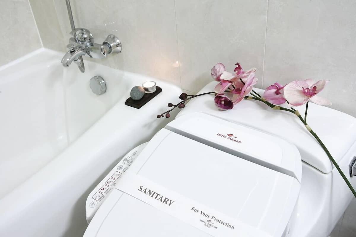 bathtub, deep-soaking bathtub, free toiletries, hair dryer