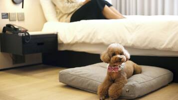 Cozy retreat with a plush dog bed, a comfortable bed, and a functional layout.