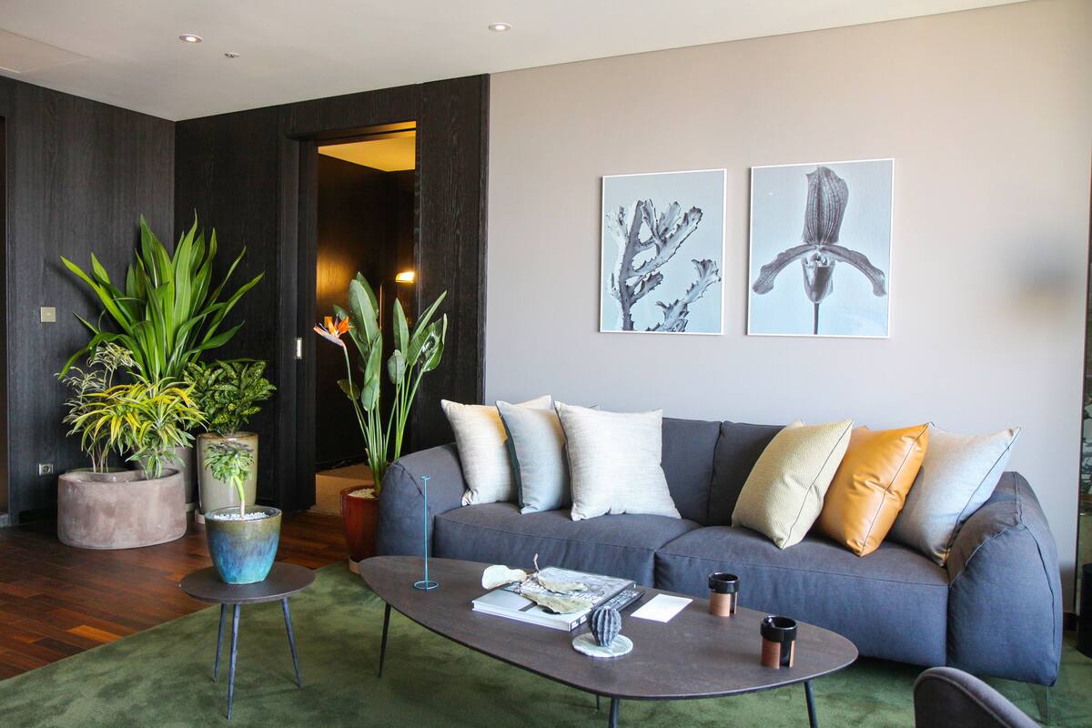 Een moderne woonkamer met een grijze bank, meerdere kussens, een bijzettafeltje en diverse potplanten.