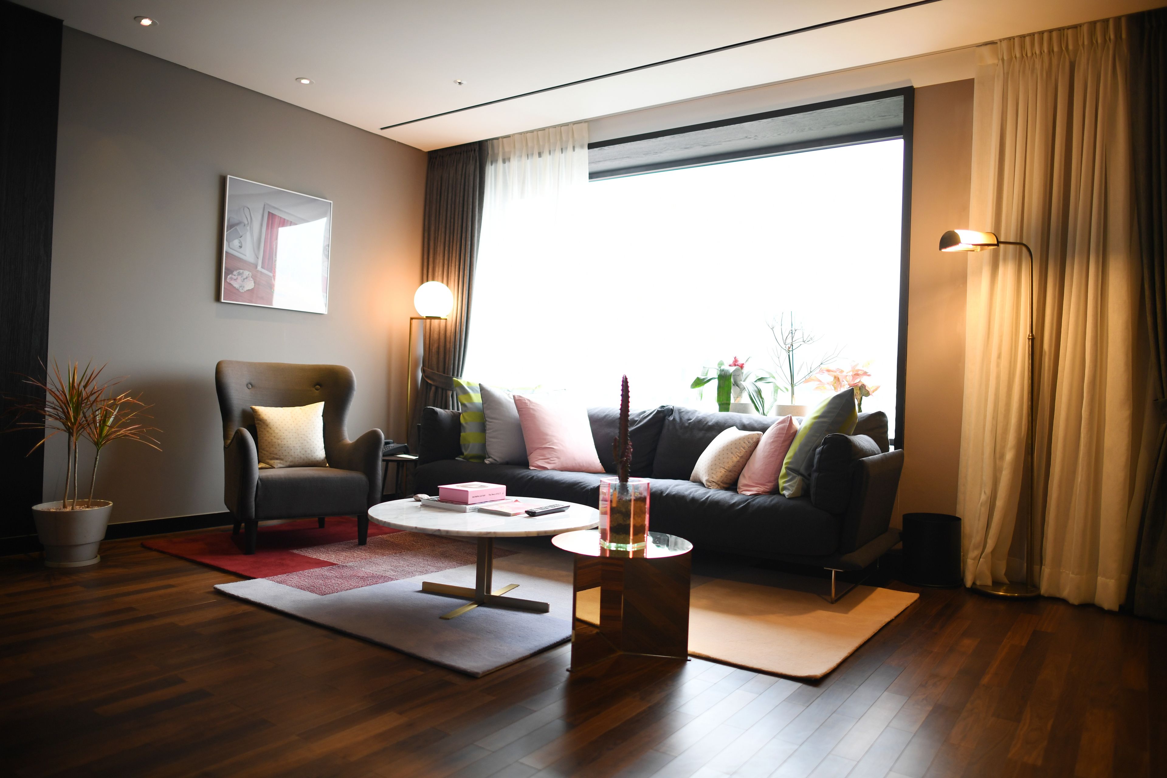 Un salon moderne avec un canapé, un fauteuil, une table basse et une plante en pot.