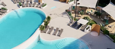 Indoor pool, outdoor pool, pool umbrellas
