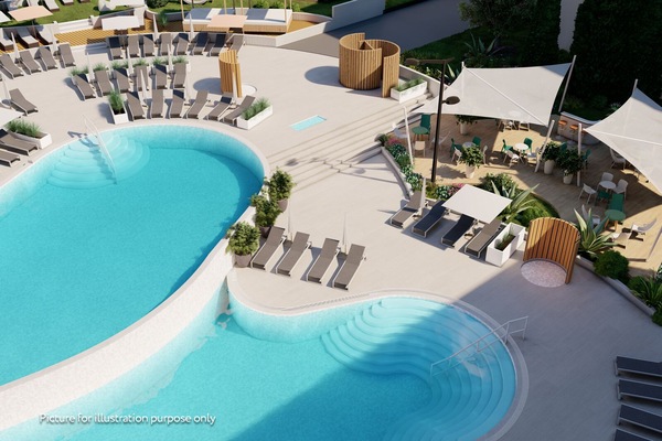 Indoor pool, outdoor pool, pool umbrellas