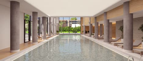 Indoor pool, outdoor pool, pool umbrellas