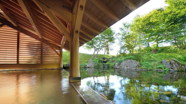 A wooden structure with a reflective floor, a stone wall, and a view of a natural landscape with trees and a stream. - Shizukuishi Prince Hotel (Shizukuishi)