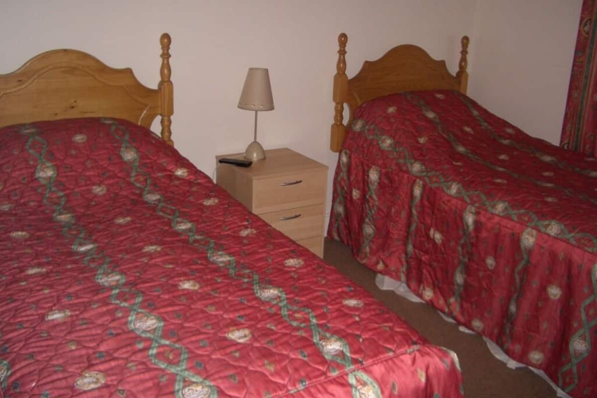 A bedroom with two wooden beds, each with a red bedspread, a bedside table with a lamp, and a small drawer.