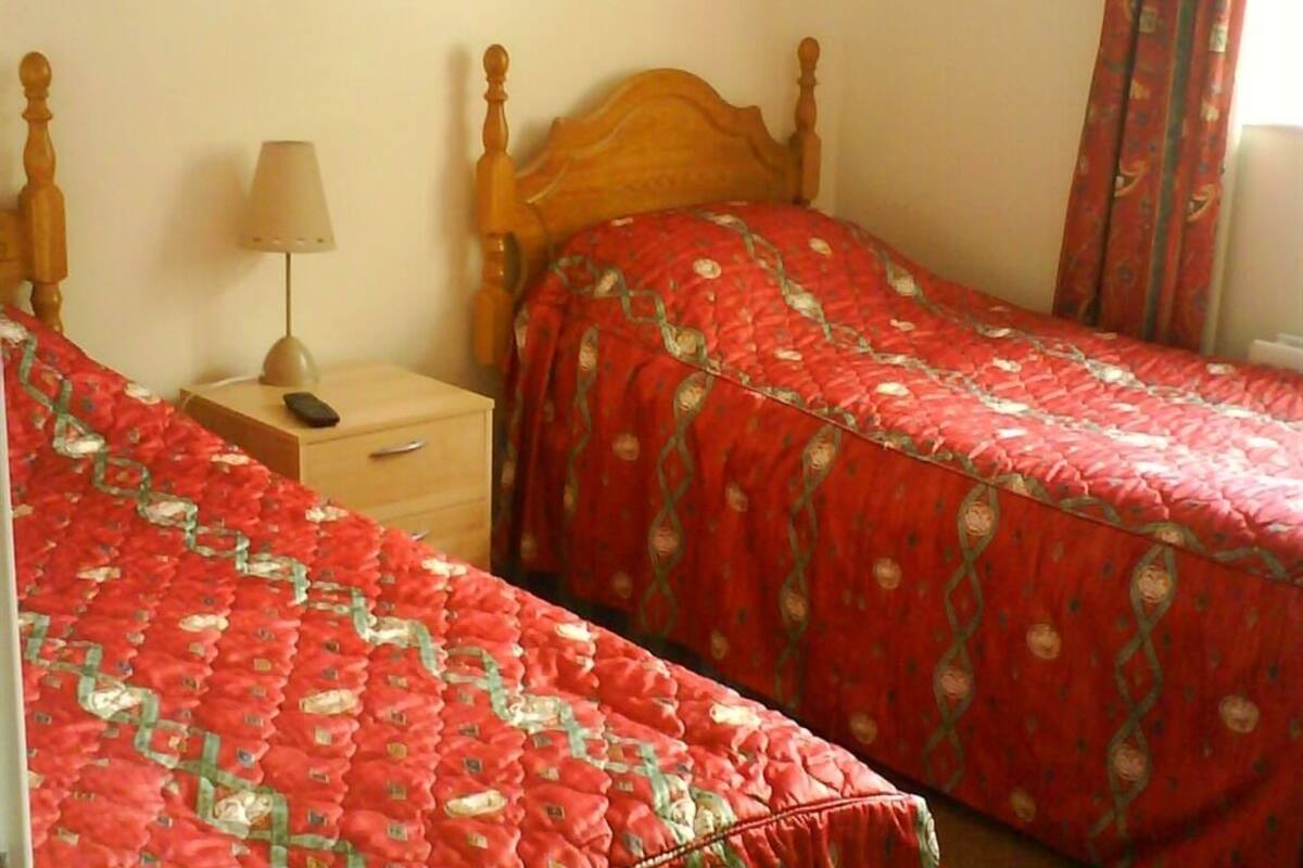 A bedroom with two single beds, wooden headboards, a bedside table with a lamp, and a red patterned bedspread.