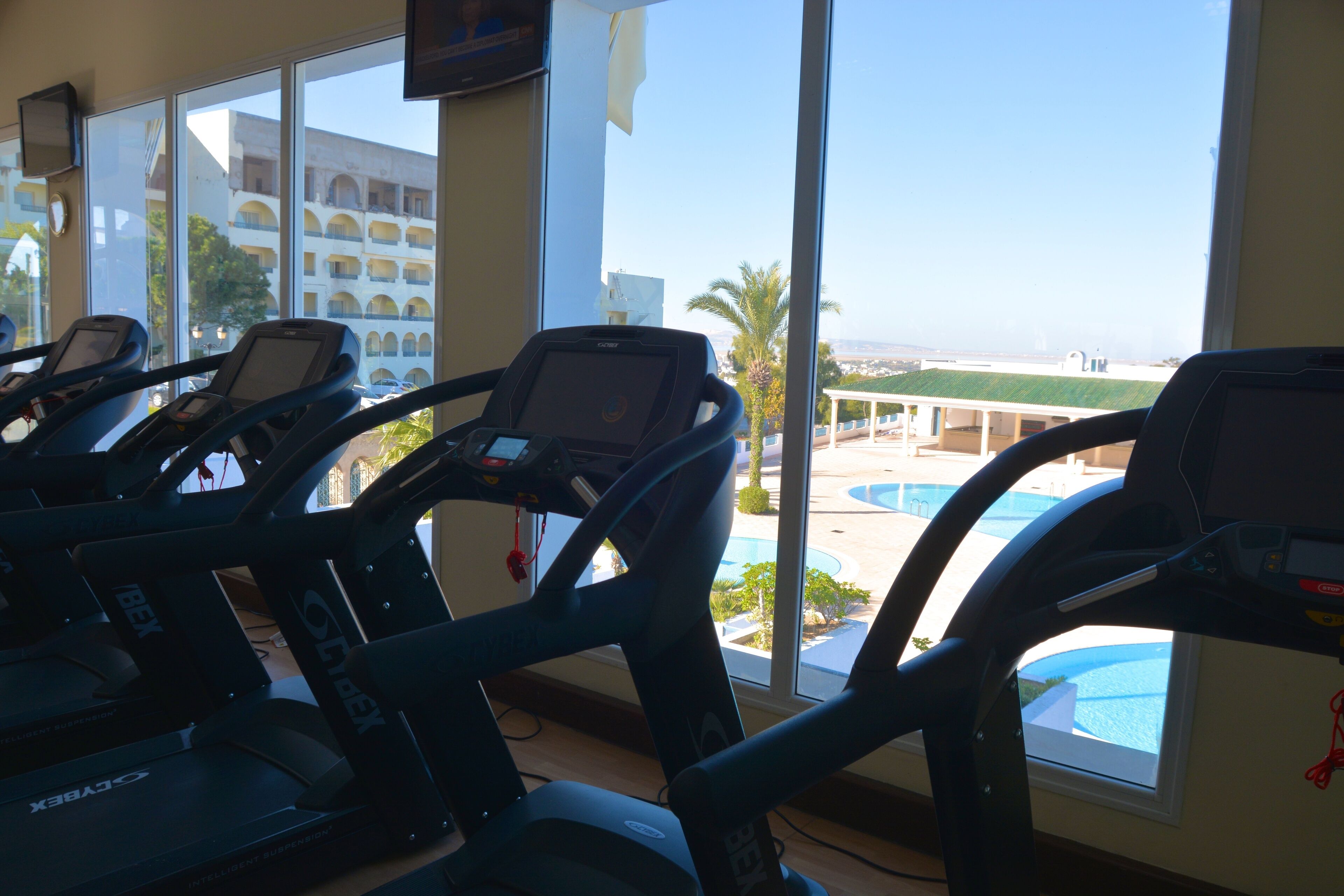 A gym with treadmills and a view of a pool and buildings.