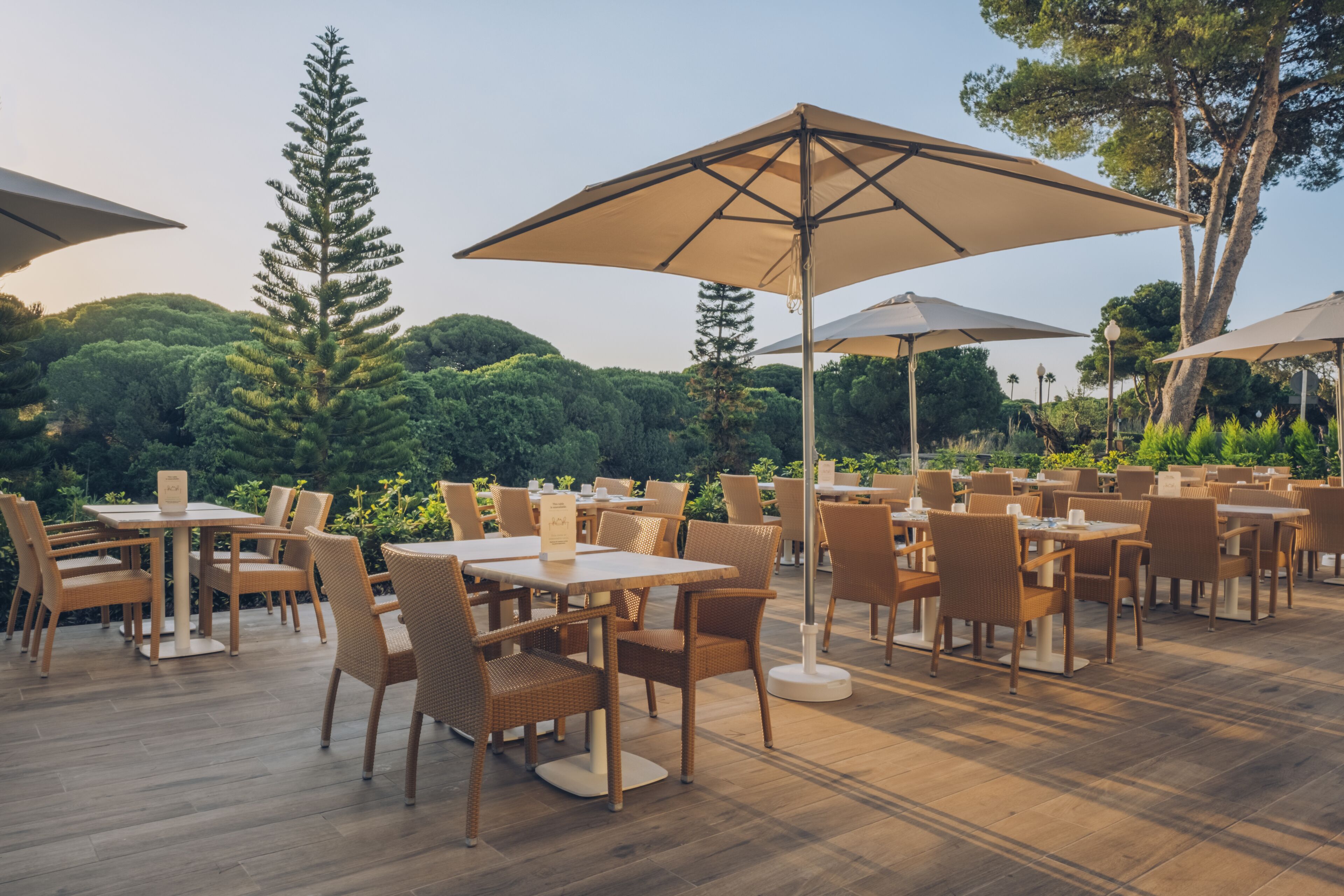 An outdoor dining area with tables and chairs, surrounded by trees and greenery.