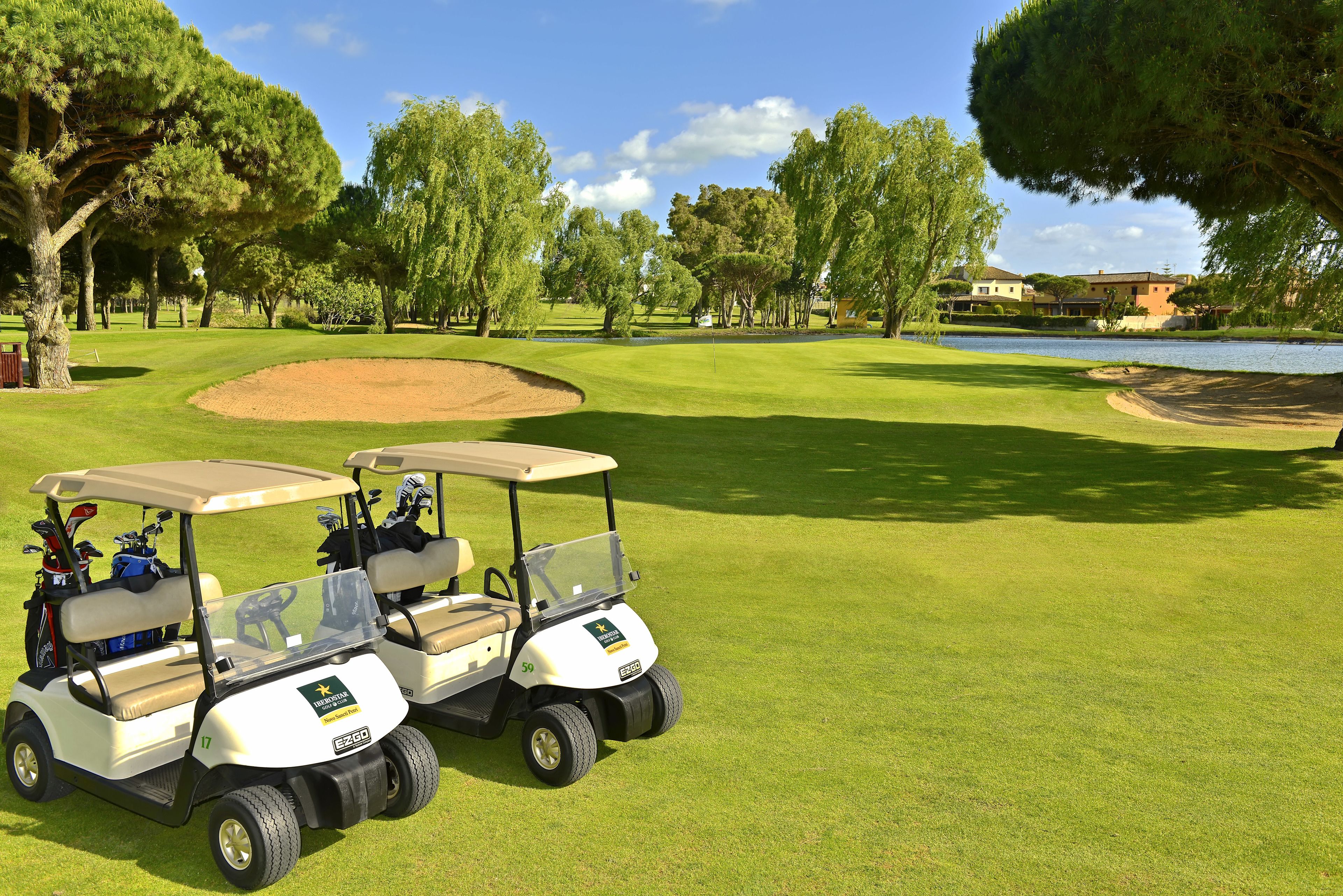 A golf cart with golf bags on a well-manicured golf course with a lake and trees in the background.