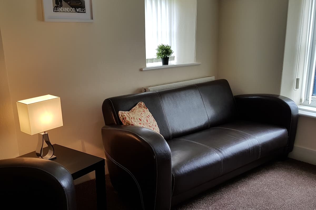 Un salon avec un canapé en cuir noir, une petite table d’appoint avec une lampe, une fenêtre avec une plante et un tableau encadré au mur.