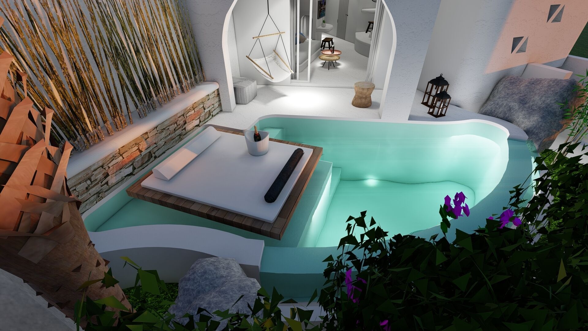 A modern spa area with a large, curved hot tub, a hanging chair, and a stone wall with vertical elements.