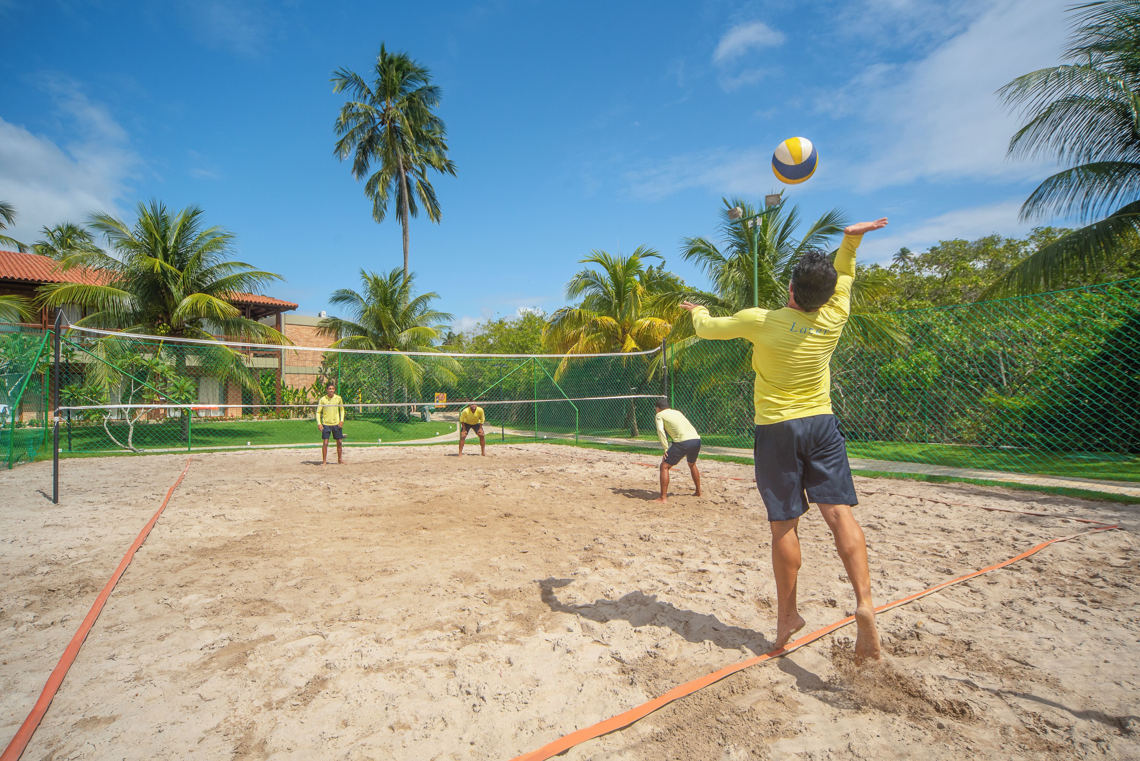 Ein Beachvolleyballfeld mit Netz, umgeben von Palmen und blauem Himmel.