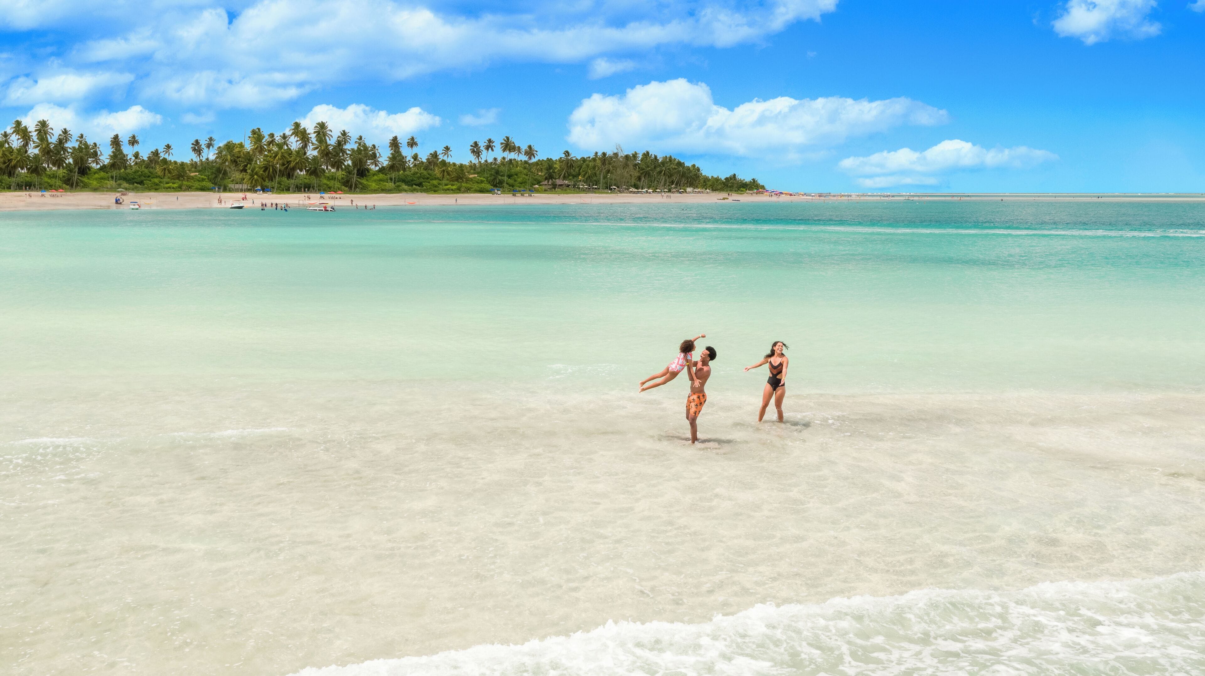 Une plage à l’eau turquoise et limpide, un rivage sablonneux et, au loin, une rangée de palmiers.