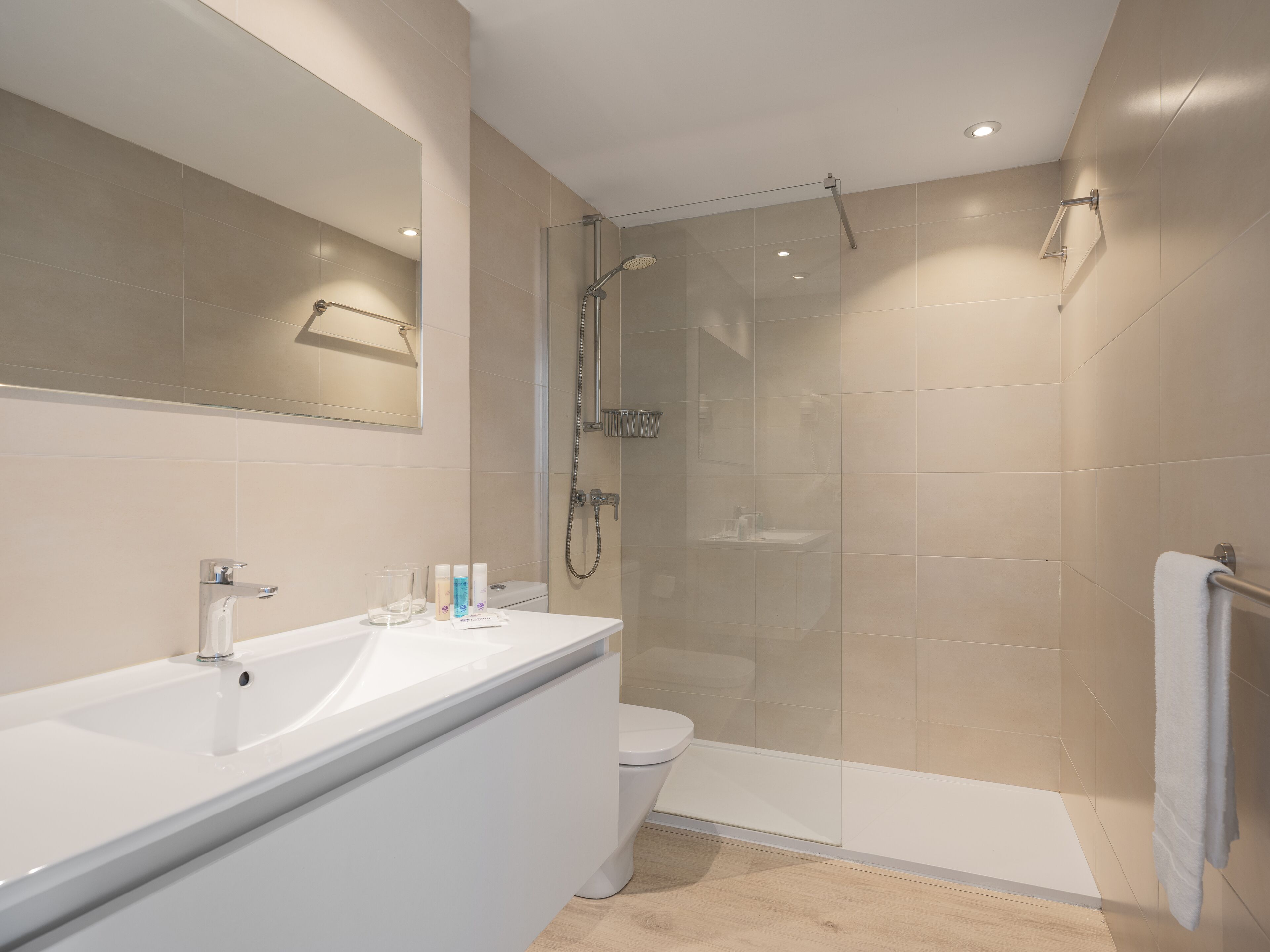 free toiletries, hair dryer, towels