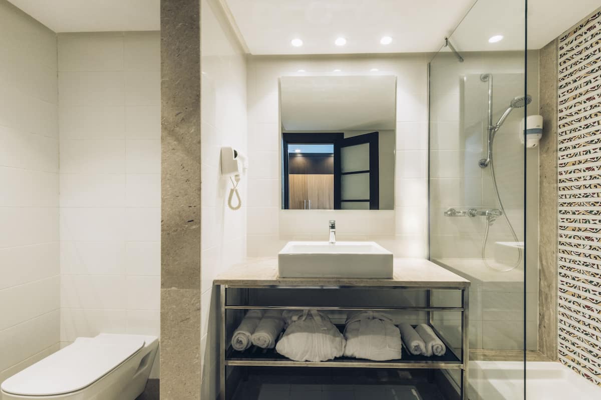 shower, eco-friendly toiletries, hair dryer, bathrobes