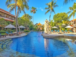 Outdoor pool, pool umbrellas, pool loungers