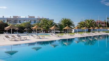 3 outdoor pools, open 8:00 AM to 8:00 PM, pool umbrellas, sun loungers