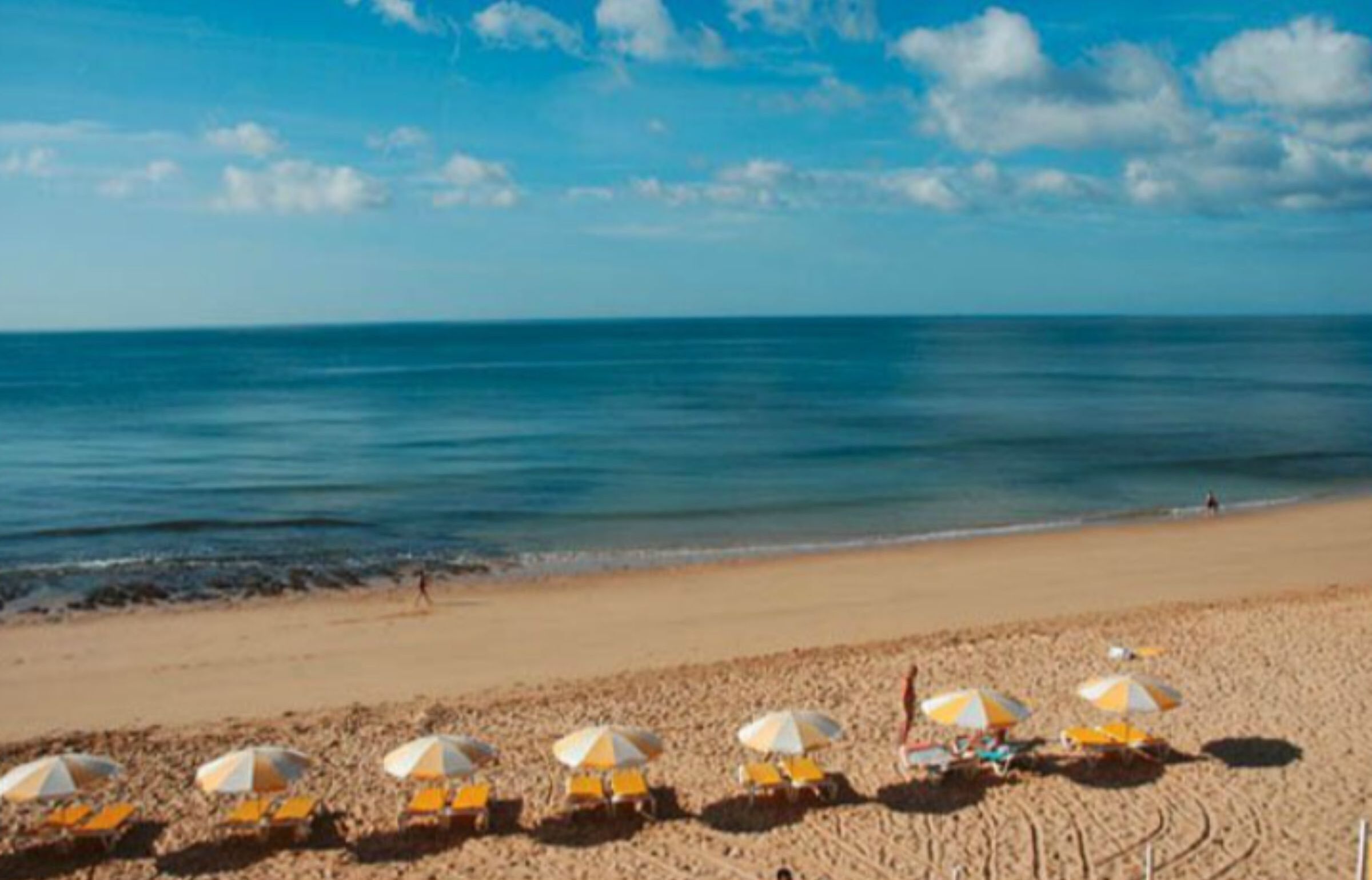 A beach with rows of yellow and white beach umbrellas and lounge chairs.