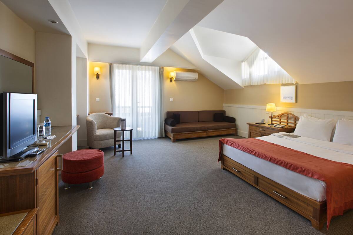 A hotel room with a bed, a sofa, a TV, a desk, and a chair.