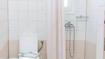 A bathroom with a toilet, bidet, and shower area.