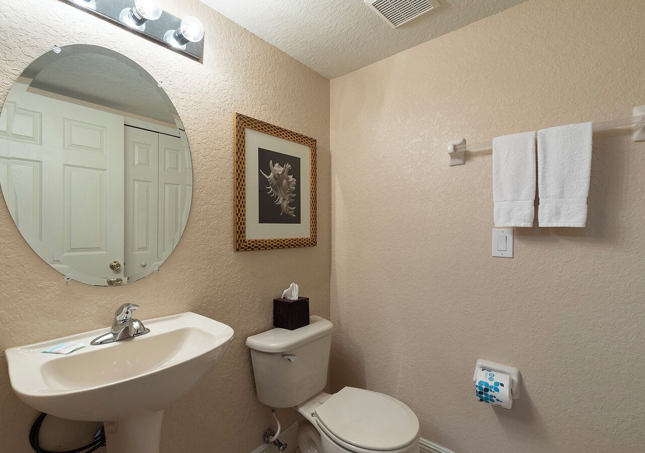 Une salle de bain avec un lavabo, des toilettes et un miroir. Un tableau encadré est accroché au mur, et il y a un porte-serviettes avec des serviettes.