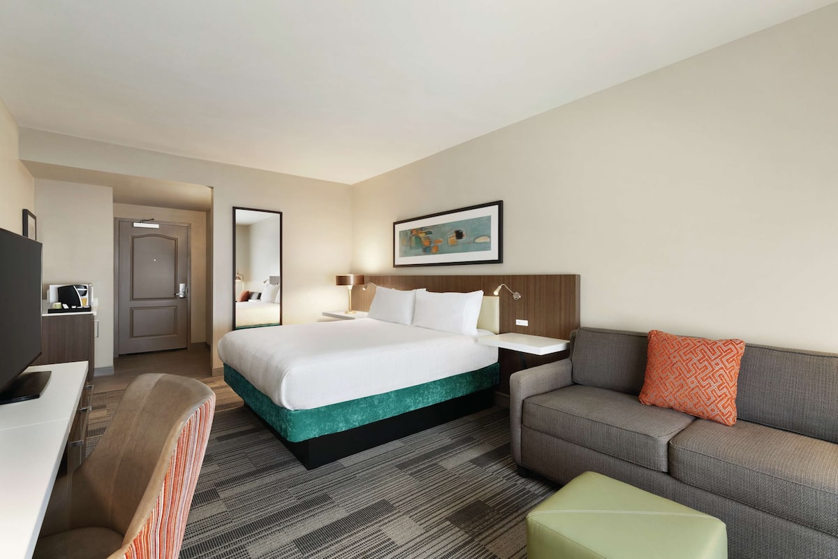 Una habitación de hotel con una cama, un sofá, un escritorio y una televisión.